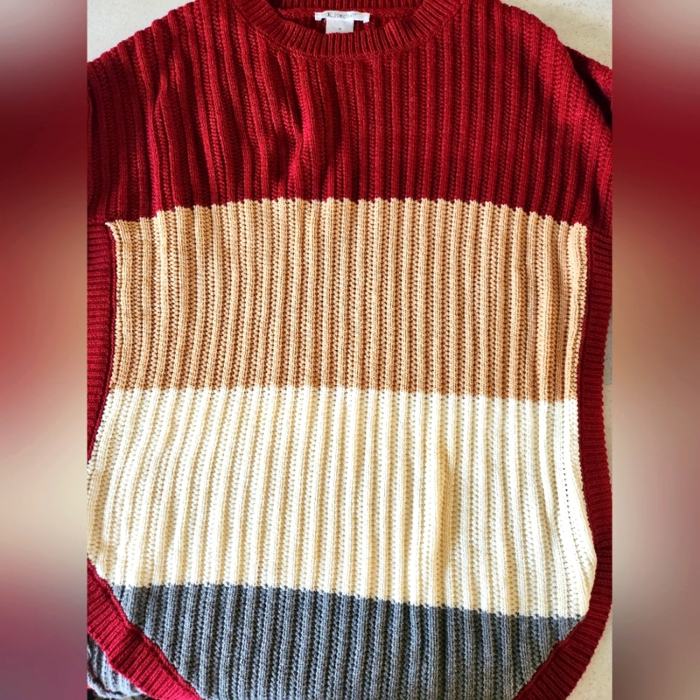 K. Jordan Colorblock Chunky Sweater Burgundy Tan Cream Gray Knit 3/4 Sleeve XL